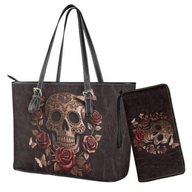 Imagem de Lotusorchid Bolsa com alça superior com conjunto de carteira, bolsa feminina com carteira para viagem, Marrom - Crânio Rosa Borboleta, One Size