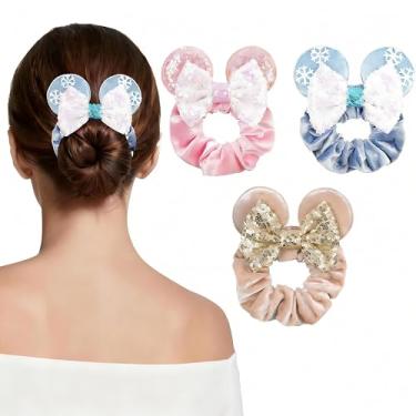 Imagem de Bianbaistar Pacote com 3 elásticos de veludo para orelhas de rato com tema de inverno – laços de cabelo com laço de lantejoulas, suportes elásticos de rabo de cavalo para mulheres e adultos