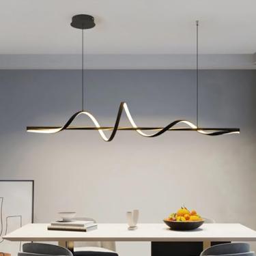 Imagem de Luminária pendente LED moderna para sala de jantar, com intensidade ajustável, controle remoto e formato ondulado. Ideal para mesa de jantar, ilha de cozinha e escritório. Cúpula branca com