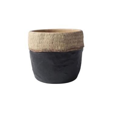 Imagem de KEG801302 Vaso de flores redondo preto, boca de lavatório com padrão de tecido, vaso de plantas de cimento, para decorar quarto, janela, jardim, plantador