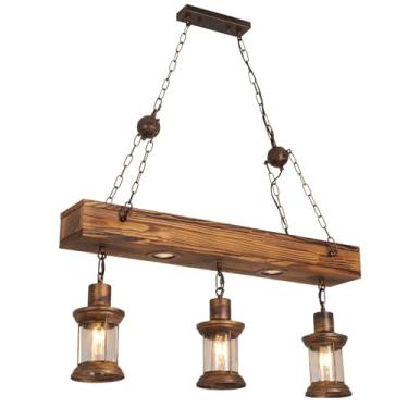 Imagem de Luminária pendente retrô de madeira, soquete E27, lustre linear para ilha de cozinha, mesa de jantar, estilo industrial vintage, luminária suspensa para sala de jantar, bar, escritório, cúpu