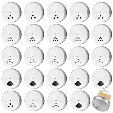 Imagem de Tiangrid Pacote com 24 tampas ajustáveis de coqueteleira para potes de vidro de boca regular, tampas de aço inoxidável, dispensadores de temperos, com coqueteleira e opções de despejo para temperos de