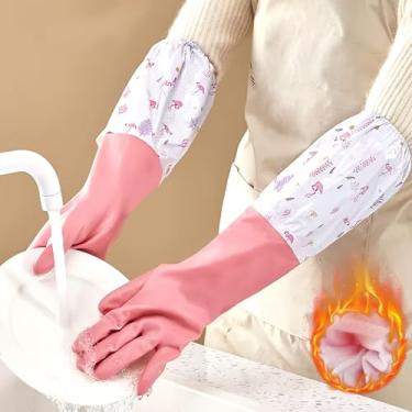 Imagem de Luvas de limpeza de borracha para lavar louça, 1 par de luvas de cozinha reutilizáveis para lavar pratos e limpeza doméstica, luvas de prato rosa com forro flocado e aderência antiderrapante, perfeita