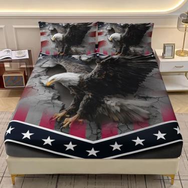Imagem de AILONEN Jogo de lençol casal 3D águia careca para meninos, bandeira americana cinza, 3 peças para todas as estações, lençol de cama rústico de animais selvagens com 2 fronhas