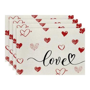 Imagem de Jogo americano de dia dos namorados, conjunto de 4 tapetes de mesa com corações de amor, 30 x 45 cm, decorações de mesa de aniversário sazonais para decoração de mesa de dia dos namorados para cozinha