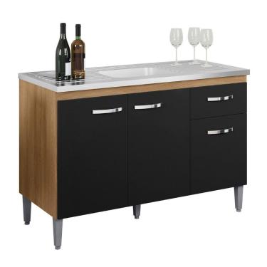 Imagem de Balcão Para Pia Gabriela 120 Cm 3 Portas Amendoa Preto Ajl