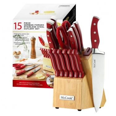 Imagem de Conjunto de Facas em Aço Inoxidável com Afiador Embutido e Bloco de Bancada 15 Peças, MCCOOK MC24, Vermelho
