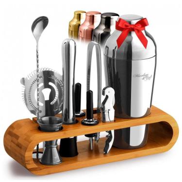 Imagem de Mixology Kit Bn Profissional 10 Peças em Aço Inoxidável com Suporte, Marrom e Prata