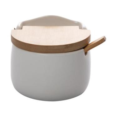 Imagem de Saleiro Açucareiro de Porcelana Branco com colher e Tampa de Madeira -