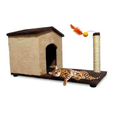 Imagem de Arranhador Casa de Gato Com Poste e Brinquedo Interativo - A R V Artes