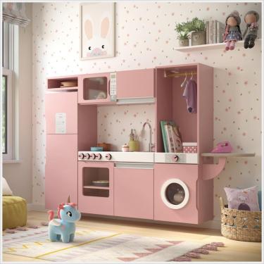 Imagem de Cozinha Infantil Lali com Refrigerador e Fogão e Micro-ondas e Máq Lavar e Tábua Passar Rosa Ofertamo Móveis
