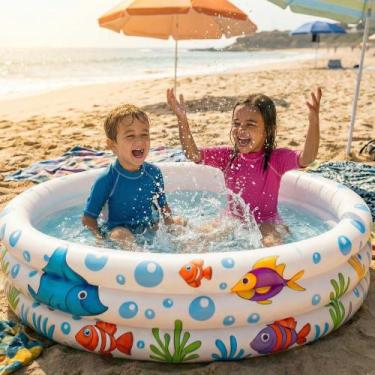 Imagem de Piscina Infantil Inflável 100L 3 Anéis Estampa Fundo do Mar Redonda - 