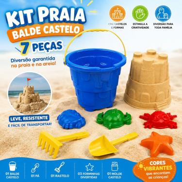Imagem de Kit Infantil de Praia Castelo com Pá Rastelo e Forminhas 7 Peças Azul para Brincar com Areia