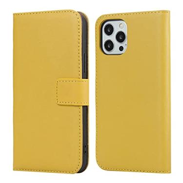 Imagem de GSYH Capa para iPhone 13/13 Pro/13 Pro Max, capa carteira de couro legítimo premium flip capa para telefone com suporte para cartão suporte à prova de choque TPU capa interna, amarelo, 13pro 15,1 cm