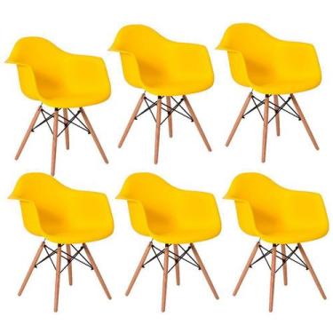 Imagem de Kit 6 Cadeiras Charles Eames Eiffel Design Wood Com Braços - Amarela -