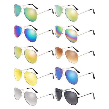 Imagem de Óculos de sol clássicos com lentes espelhadas planas, 10 peças, armação de metal, lentes espelhadas para homens e mulheres