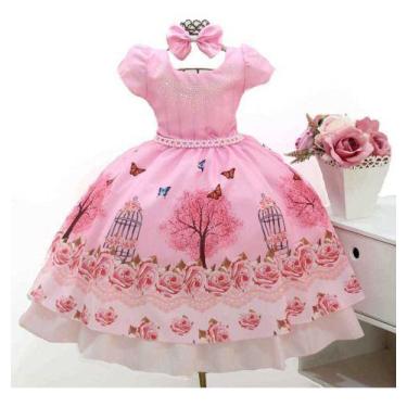 Vestido infantil rosa tema Bailarina com balões no jardim