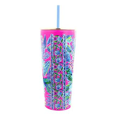 Imagem de Lilly Pulitzer Copo de parede dupla com tampa e canudo reutilizável, copo de viagem isolado comporta 680 g, listras Lil Earned