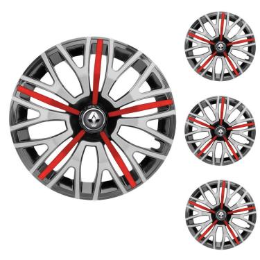 Imagem de Jogo Calota Aro 13 Triton Sport Black Silver Red Elitte Preto Prata Vermelho + Emblema Resinado Renault (Sandero Logan Clio Scenic Megane Kwid)