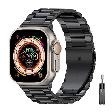 Imagem de SDUTIO para Apple Watch Ultra 49mm Pulseira de Negócios de Aço Inoxidável para iWatch Série 8 7 41mm 45mm para Apple Watch SE 6 5 4 3 40mm 44mm 42mm 38mm (Cor: Preto, Tamanho: 44mm)