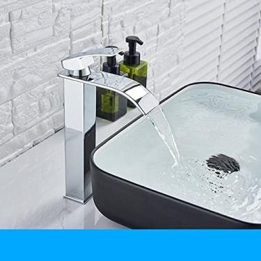 Imagem de Torneira para lavatório em cascata preto fosco, misturador de alça única, torneira de guindaste de água quente e fria para banheiro, torneira misturadora, alta, cromada