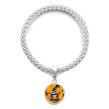 Imagem de DIYthinker Pulseira com pingente de caveira chapéu de feiticeiro, pulseira de prata de Halloween, bracelete ajustável