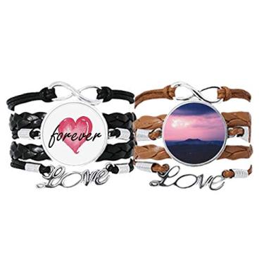 Imagem de DIYthinker Pulseira de couro rosa escuro nuvens céu art déco presente moda pulseira de mão corda de couro Forever Love conjunto duplo