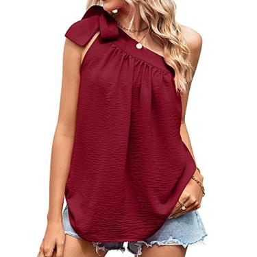 Imagem de Camiseta feminina sem mangas, um ombro com laço e laço top colete ombro de fora camisas casuais streetwear, vermelha, G (busto: 101 cm)