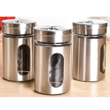 Imagem de Porta Condimentos Temperos Vidro Inox Com Visor Luxo Saleiro/Paliteiro/Pimenteiro