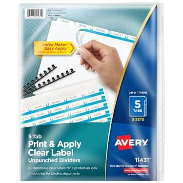 Imagem de Divisórias transparentes para etiquetas Avery Index, 21,6 x 27,9 cm, 5 abas, Branco, 5 Sets