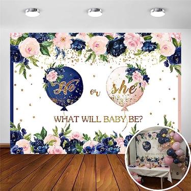 Imagem de Avezano Pano de fundo revelador de gênero azul marinho e blush para ele ou ela azul marinho blush rosa floral para bebê revela fotografia fundo de gravidez surpresa para meninos ou meninas (2,1 x 1,5