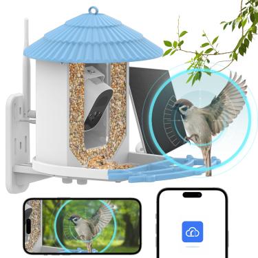Imagem de XCPHGFM Alimentador de pássaros inteligente com câmera + painel solar AI identificar espécies de pássaros Detecção de movimento PIR Áudio bidirecional Controle de aplicativo 2.4G WiFi Câmera 4MP alim