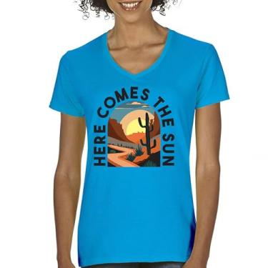 Imagem de Camiseta feminina com decote em V Here Comes The Sun retrô Boho Cactus Canyon Sunrise Vintage Travel Hippie Summer Sixties South, Turquesa, M