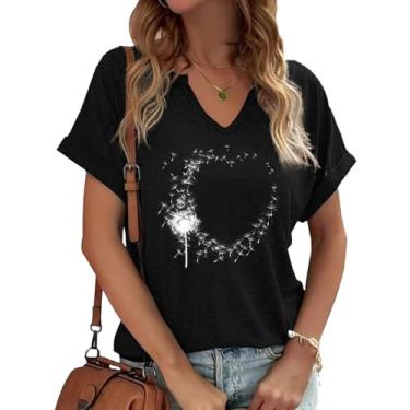 Imagem de Dandelion Shirts Camiseta feminina com gola V e girassol flores silvestres estampa casual, Preto - 11, M