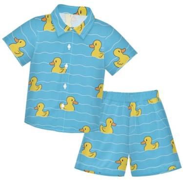 Imagem de visesunny Conjunto de camisa havaiana Aloha de manga curta para meninos, com botões, borracha, pato, natação, azul, roupas de verão para meninos, Multi, 4 Anos