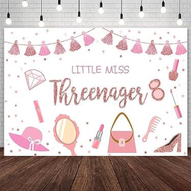 Imagem de AIBIIN Pano de fundo de aniversário de 2,1 x 1,5 m Little Miss Threenager para meninas, maquiagem, spa, três anos, fotografia, fundo, princesa, rosa, glamour, cosméticos, decorações de festa, banner,