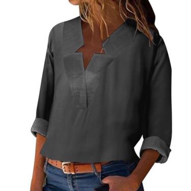 Imagem de Camiseta feminina, manga comprida, de linho, caimento solto, gola V, cor sólida, casual, túnica, verão, para sair, Cinza, 5G