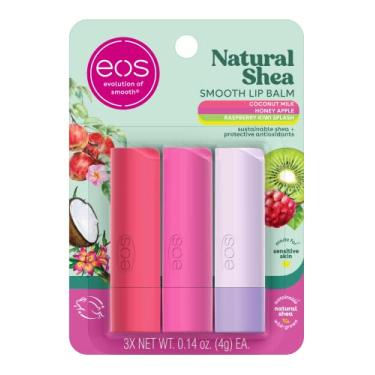 Imagem de eos Natural Shea Lip Balm, Honey Apple, Coconut Milk & Raspberry Kiwi Splash, All-Day Moisture, Lip Care Products, 0.14 oz, 3-Pack