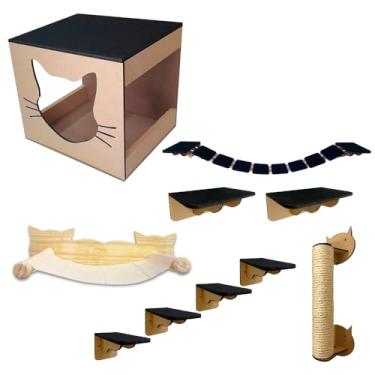 Imagem de Brinquedo Playground Para Gatos 10 Pçs Em Mdf 6mm Com Rede E Arranhador De Parede