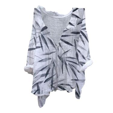 Imagem de Camisetas femininas de linho com estampa fofa, manga 3/4, gola V, botões, blusas femininas boêmias, elegantes, casuais, soltas, Cinza, 5G