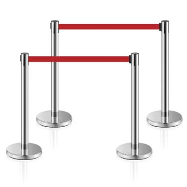 Imagem de MICHELANGELO Kit 4 Pedestais Premium Organizador Separador de Fila Cromado com Fita Retrátil Vermelha 2 Metros Anti-Oxidante