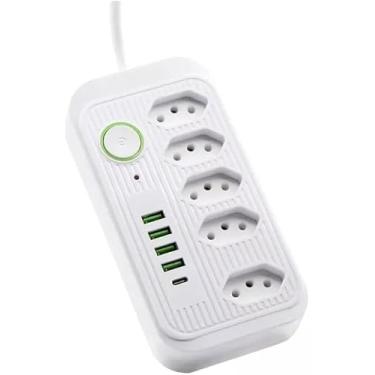 Imagem de Filtro de Linha Extensão Tomada Régua de Energia 5 Tomadas 4 Interfaces USB 1 Porta USB Tipo C Cabo de Alimentação 2 Metros Suporte a Tensão de 110-220V Potência 2500W Premium