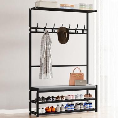 Imagem de Cabide de metal em pé com banco de sapatos Porta de entrada moderna Cabide independente Organizador de armazenamento de sapatos com 7 ganchos para entrada de corredor A, A, 90 CM