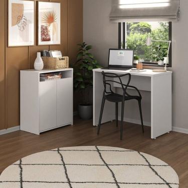 Imagem de Kit 2 Peças com Escrivaninha Minimalista e Compacta Mary e Balcão Multiuso 2 Portas com Nicho Cool Branco