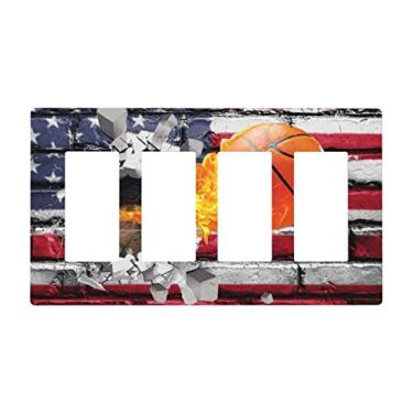 Imagem de Bola de basquete esportiva bandeira americana 4 gangues quadriciclo interruptor de luz placa decorativa elétrica para banheiro, casa, quarto, decoração, tamanho jumbo, sem parafusos, 21 x 4,6