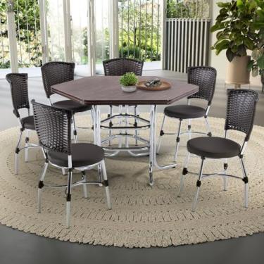 Imagem de Conjunto Sala de Jantar Mesa Sextavada com 6 Cadeiras Brastubo Cromado/Amadeirado Escuro/Café News