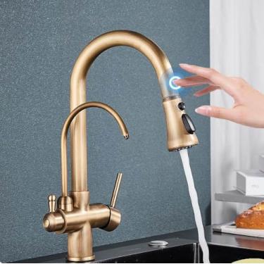 Imagem de Filtro de sensor de toque Torneira de cozinha de água 2 em 1 Preto Coloque para fora Torneiras de pia de modos duplos para cozinha Torneira misturadora de água pura, latão antigo