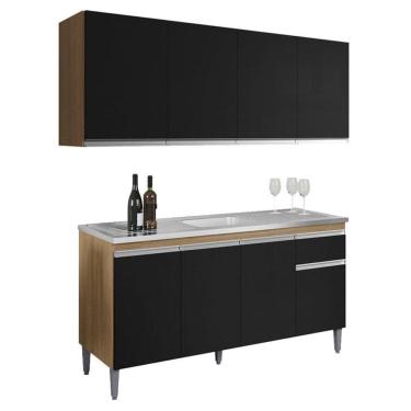 Imagem de Balcão de Pia Tatiane 145 cm e Armário Aéreo Andreia 4 Portas 160 cm Amêndoa Preto - AJL