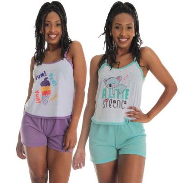 Imagem de Kit 2 Short Doll Silk Fristyle Malha Estampada Feminino Adulto, G, Ver