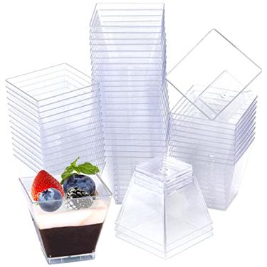 Imagem de Oomcu Pacote com 100 copos pequenos quadrados de plástico transparente de 59 ml, mini tigelas de servir descartáveis para sobremesas, aperitivos, pudins, sorvete, iogurte, chocolate, balas, mousse